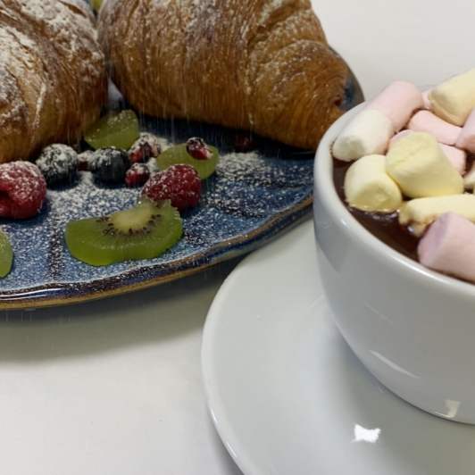 hot chocolate and croissant